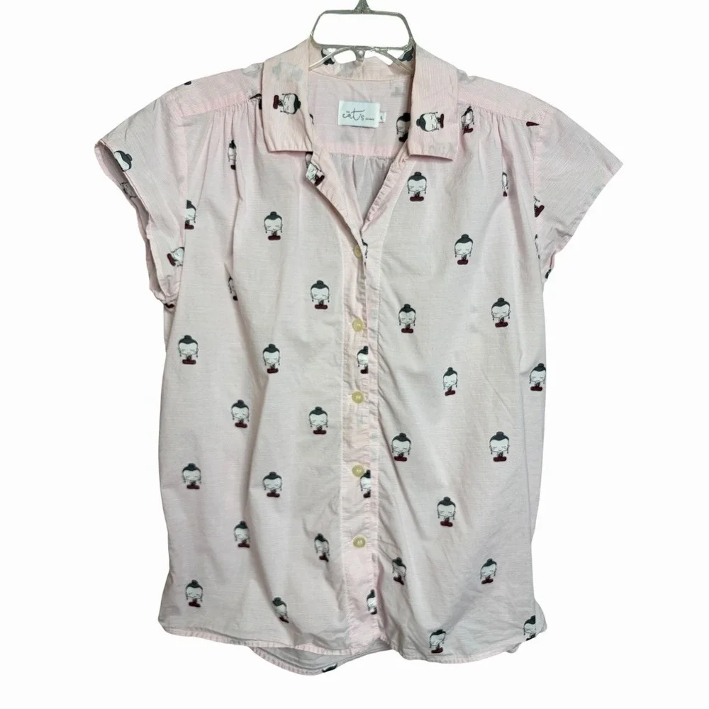 The Cats Pajamas Set L Pink Buddha Print 100% Cotton Button Top Pants